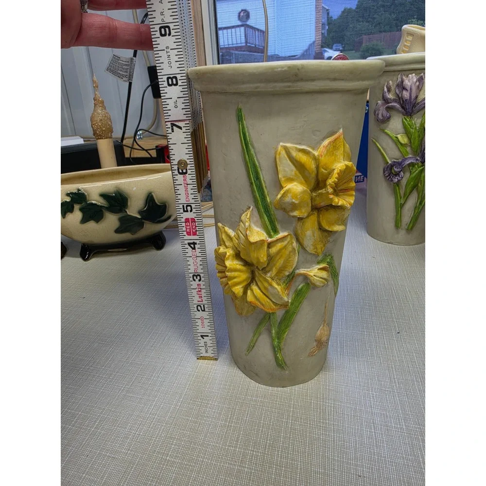 Hen-Feathers Daffodil Vase Hand Cast Resin 3D Floral Relief 9 Inch Cream Yellow